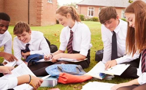 Pupils discussing a task outside