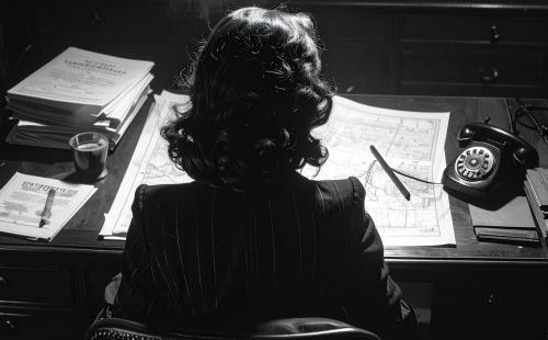 AI generated black and white image of a woman sat at a desk viewed from behind