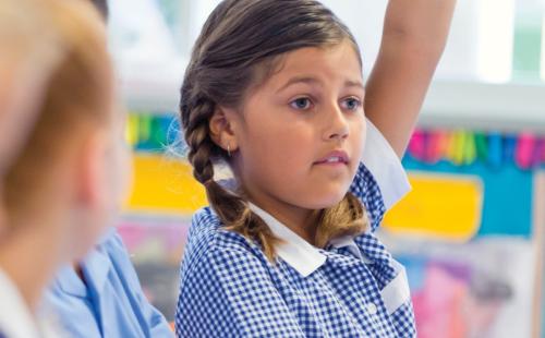 Primary pupil raising her hand