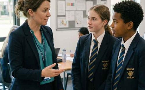 Teacher talking to two pupils in a classroom