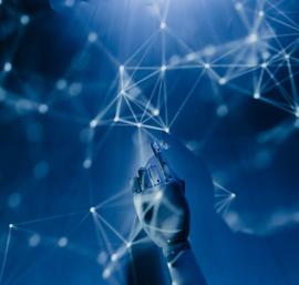 Robot pointing at a wall with lights and shapes