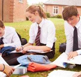Pupils discussing a task outside
